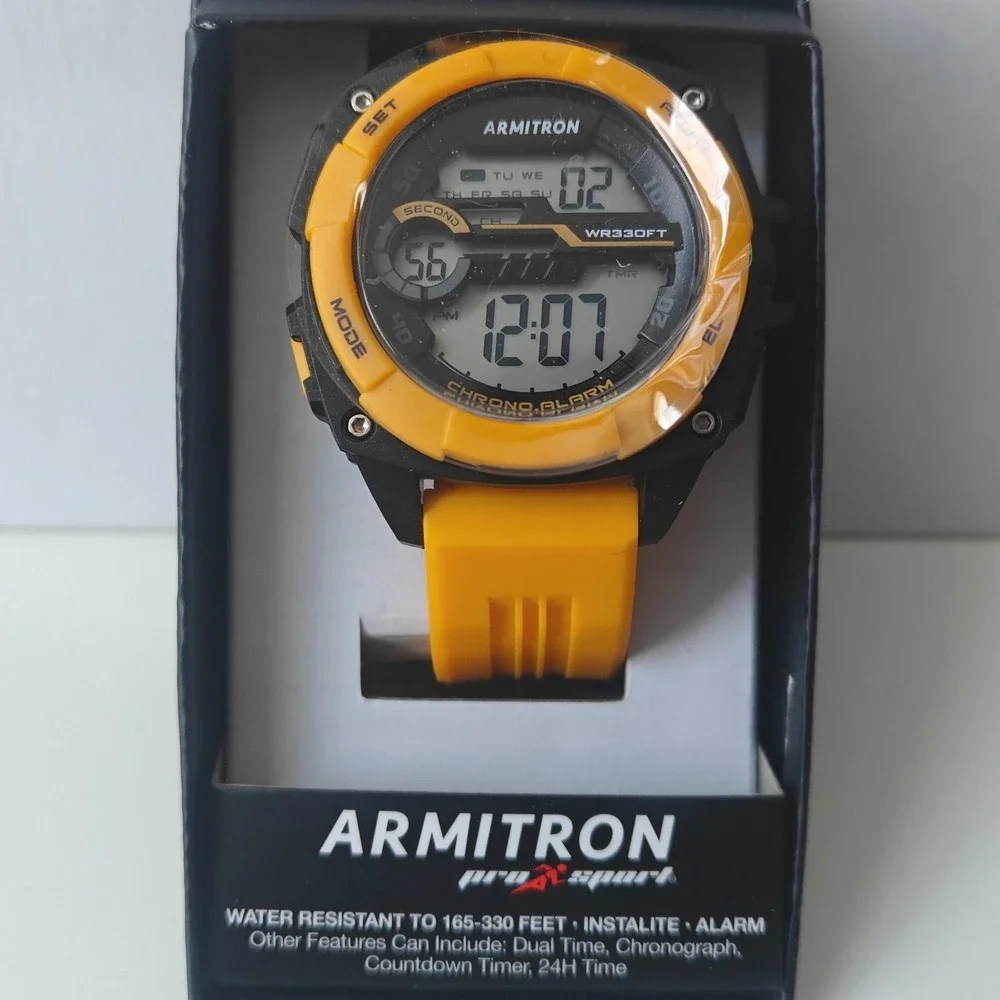 Armitron Pro Sport Men's Digital Watch Yellow Black Water Resistant Chrono Alarm